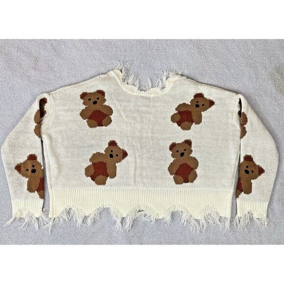 Just Polly NY Teddy Bear Sweater Women's Medium V-Neck Fray Frilly Knit - Picture 3 of 14